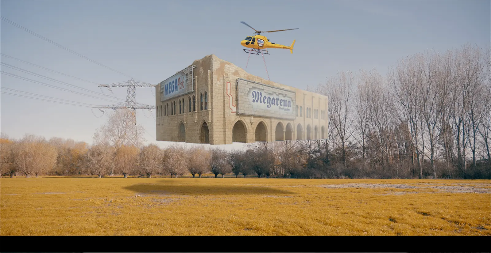 De gele helikopter brengt de Megarena naar de Wollebrand